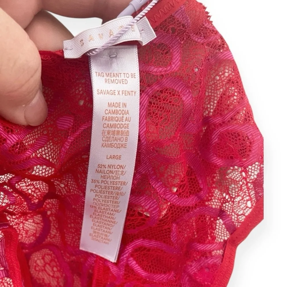 Savage Fenty Ribbon Writing Lace Brazilian Panty Underwear Lingerie Large New